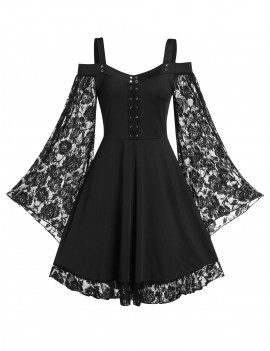 Open Shoulder A Line High Waist Dress - Black M