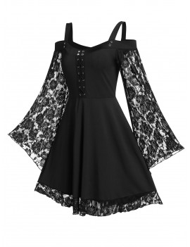 Open Shoulder A Line High Waist Dress - Black M