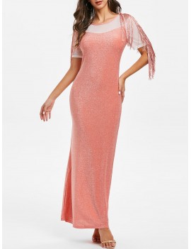 Sparkly Mesh Insert Fringed Maxi Party Dress - Orange Pink S