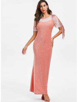 Sparkly Mesh Insert Fringed Maxi Party Dress - Orange Pink S