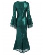 Flare Sleeves Sequined Round Neck Maxi Dress - Green S