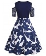 Floral Lace Panel Cold Shoulder Dress - Midnight Blue S