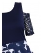 Floral Lace Panel Cold Shoulder Dress - Midnight Blue S