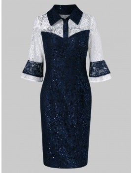 Half-button Sequined Lace Bodycon Dress - Lapis Blue M