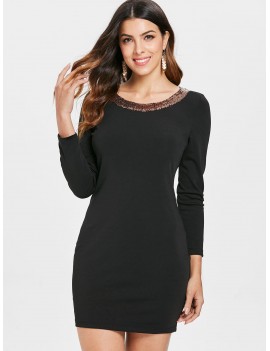 Sequins Embellished Mini Skinny Dress - Black L