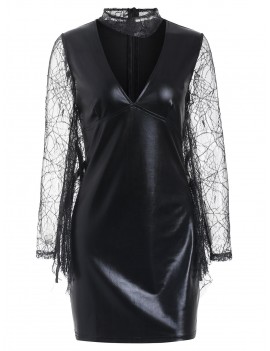 Lace Batwing Short Faux Leather Dress - Black M