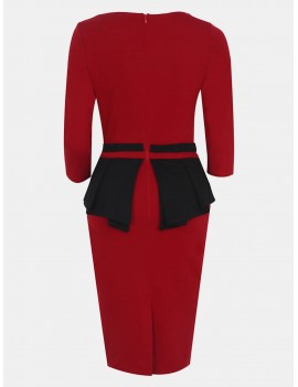 Women Fashion Round Neck 3/4 Sleeve Bodycon Dress - Lava Red S