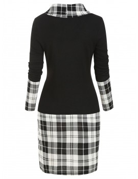 Cowl Neck Plaid Print Mock Button Long Sleeve Sheath Dress - Black M