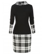 Cowl Neck Plaid Print Mock Button Long Sleeve Sheath Dress - Black M