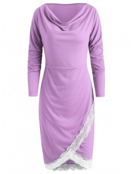 Long Sleeve Lace Trim Sheath Dress - Mauve M