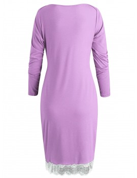 Long Sleeve Lace Trim Sheath Dress - Mauve M