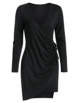 Plunge Neck Asymmetric Lace-up Mini Sheath Dress - Black M
