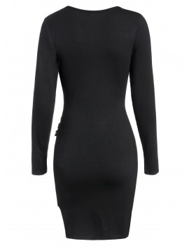 Plunge Neck Asymmetric Lace-up Mini Sheath Dress - Black M