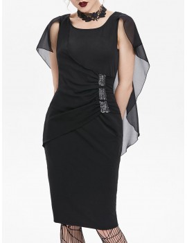 Sequined Ruched Chiffon Insert Cape Bodycon Gothic Dress - Black M