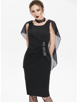 Sequined Ruched Chiffon Insert Cape Bodycon Gothic Dress - Black M