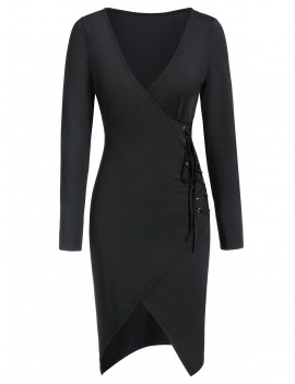 Long Sleeve Plunge Neck Lace-up Asymmetric Bodycon Dress - Black Xl