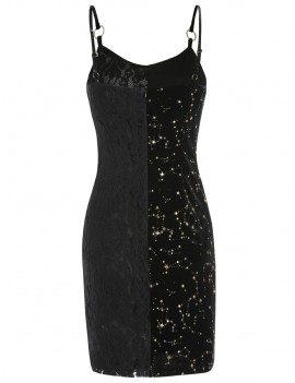 Velvet Star Lace Panel Cami Dress - Black S