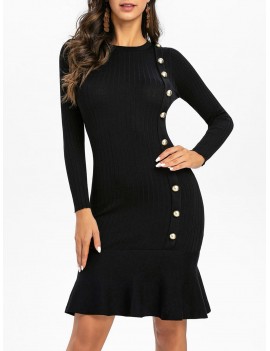 Knitted Mock Button Mermaid Dress - Black One Size