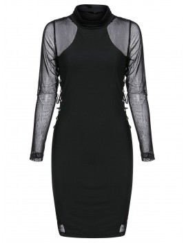 Rivet Embellished Lace-up Mesh Insert Mini Gothic Bodycon Dress - Black M