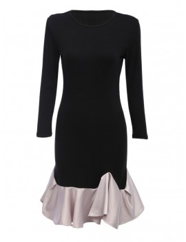 Round Collar Long Sleeve Stitching Mini Dress - Black M
