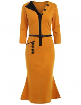 Color Trim Slim Midi Dress - Orange Gold S