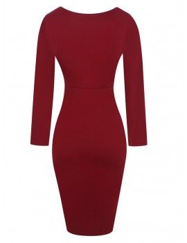 Round Neck Long Sleeves Ruffled Pencil Dress - Red Wine S