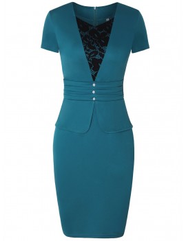 V Neck Short Sleeve Lace Patchwork Pencil Dress - Dark Turquoise M