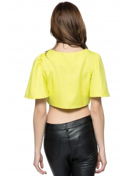 Women's Charming Ruffled Solid Color Flare Sleeve Round Collar Crop Top - Yellow One Size