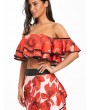 Off The Shoulder Layered Floral Print Crop Top - Red S