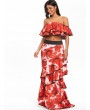 Off The Shoulder Layered Floral Print Crop Top - Red S
