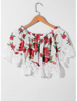 Shirred Floral Lace Crochet Crop Top -  Xl