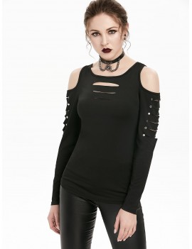 Cold Shoulder Rivet Embellished Cut Out Ripped Gothic T-shirt - Black L