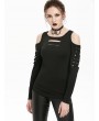 Cold Shoulder Rivet Embellished Cut Out Ripped Gothic T-shirt - Black L