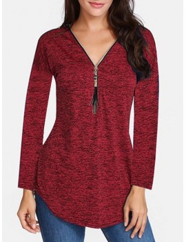 Zip Front V Neck Space Dye Tee - Red Wine L