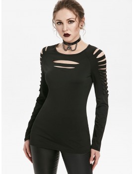Raglan Sleeve Slimming Ripped Gothic T-shirt - Black M