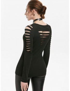 Raglan Sleeve Slimming Ripped Gothic T-shirt - Black M