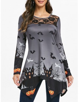 Halloween Lace Panel Pumpkin Print Longline T-shirt - Gray S