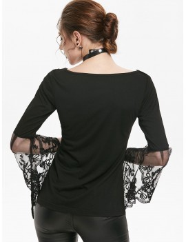 Applique Bell Sleeve Flower Lace T-shirt - Black M