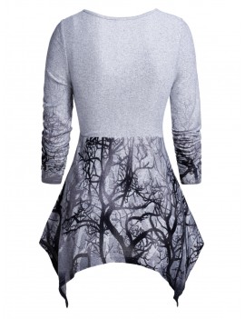 V Neck Tree Print Asymmetric T Shirt - Dark Gray M