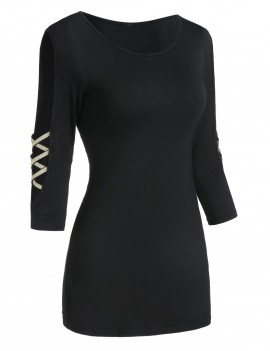 Cut Out Two Tone Round Collar T Shirt - Black M