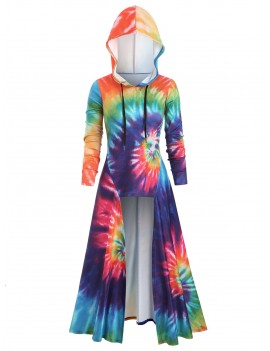 Hooded Spiral Tie Dye Print Maxi Top - Yellow S