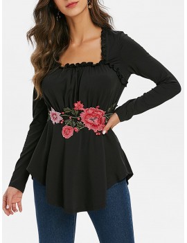 Floral Applique Frilled Long Sleeve Tunic Top - Black M