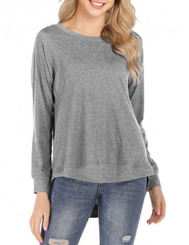 Solid Round Neck High Low Tee - Gray S