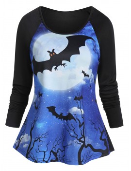 Raglan Sleeve Round Collar Bat Print Halloween T Shirt - Black M