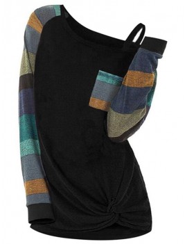 Skew Neck Contrast Long Sleeves Pocket Knitwear - Black Xl