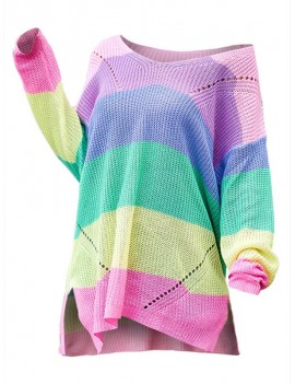Rainbow Colorblock Pointelle Knit Slit Oversized Sweater - Pink M