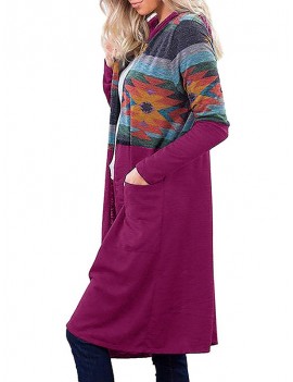 Hooded Geometric Pocket Long Knitted Cardigan - Red Xl