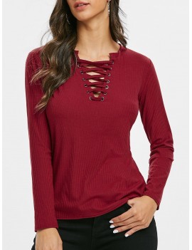 Lace-up Grommets Ribbed Knitwear - Red Xl