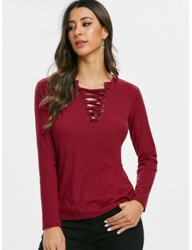 Lace-up Grommets Ribbed Knitwear - Red Xl