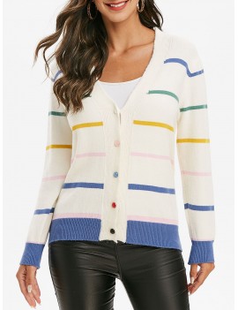 V Neck Colorful Striped Button Up Cardigan -  One Size
